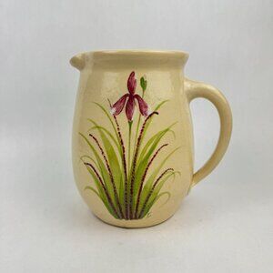 Vintage Pottery Milk Pitcher Iris Hand Painted Design Farmhouse Rustic Primitive